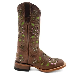 Blossom Tooled Inlay Embroidered Square Toe Pull On Cowboy Boots
