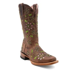 Blossom Tooled Inlay Embroidered Square Toe Pull On Cowboy Boots