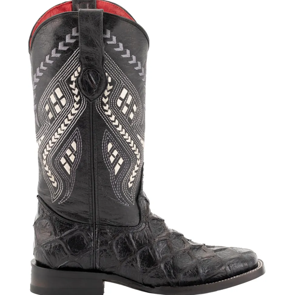 Bronco Pirarucu Print Embroidered Square Toe Cowboy Boots