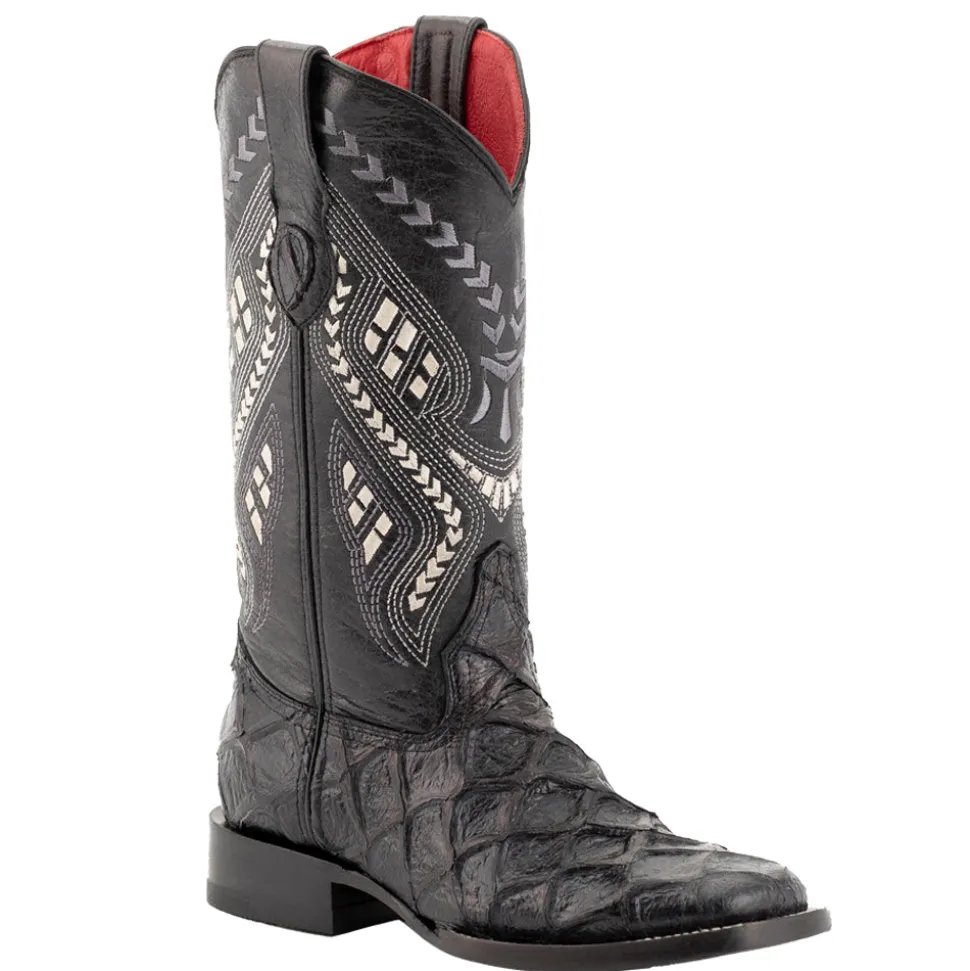 Bronco Pirarucu Print Embroidered Square Toe Cowboy Boots