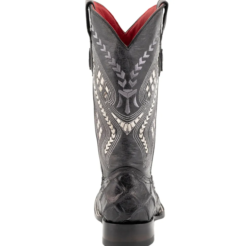 Bronco Pirarucu Print Embroidered Square Toe Cowboy Boots