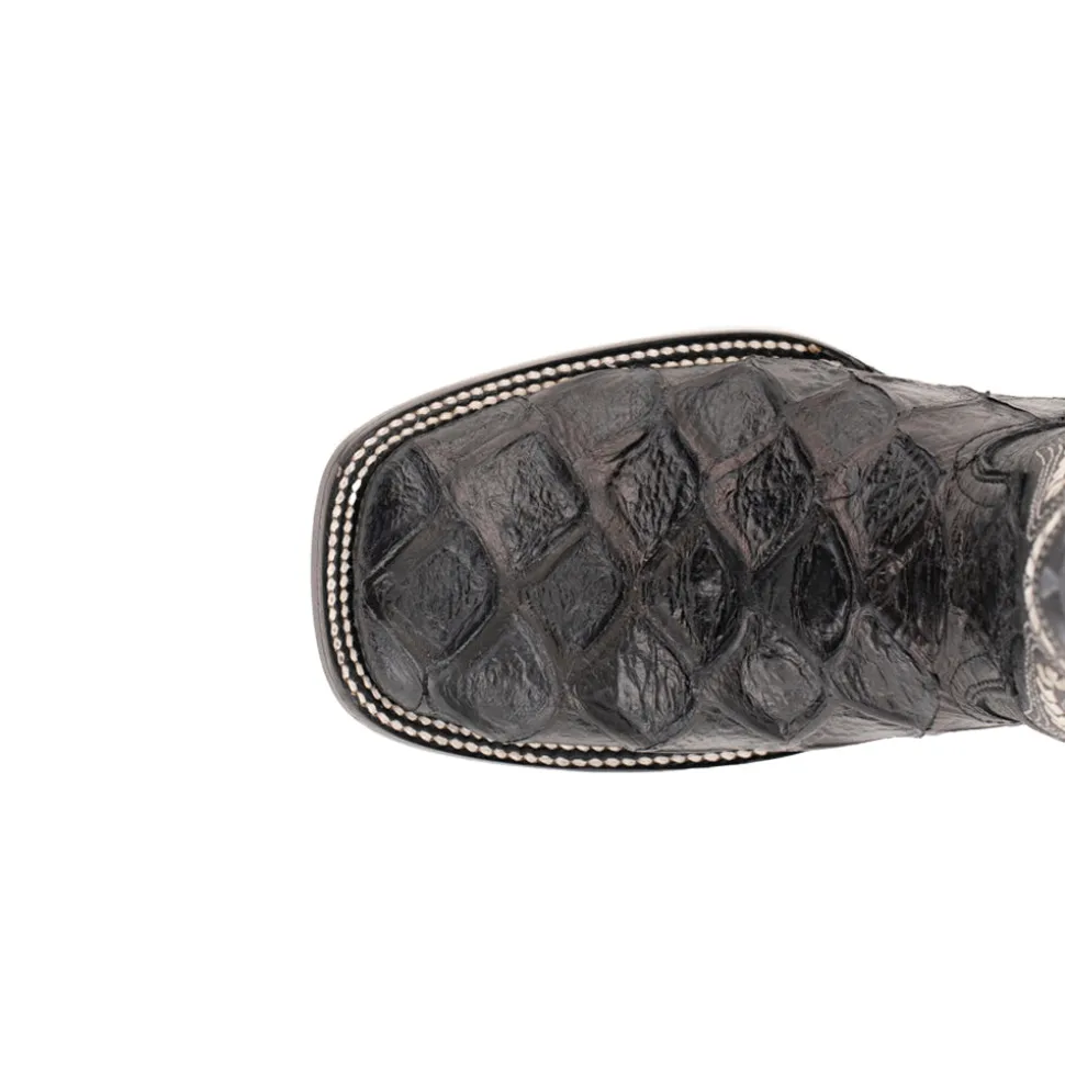 Bronco Pirarucu Print Embroidered Square Toe Cowboy Boots