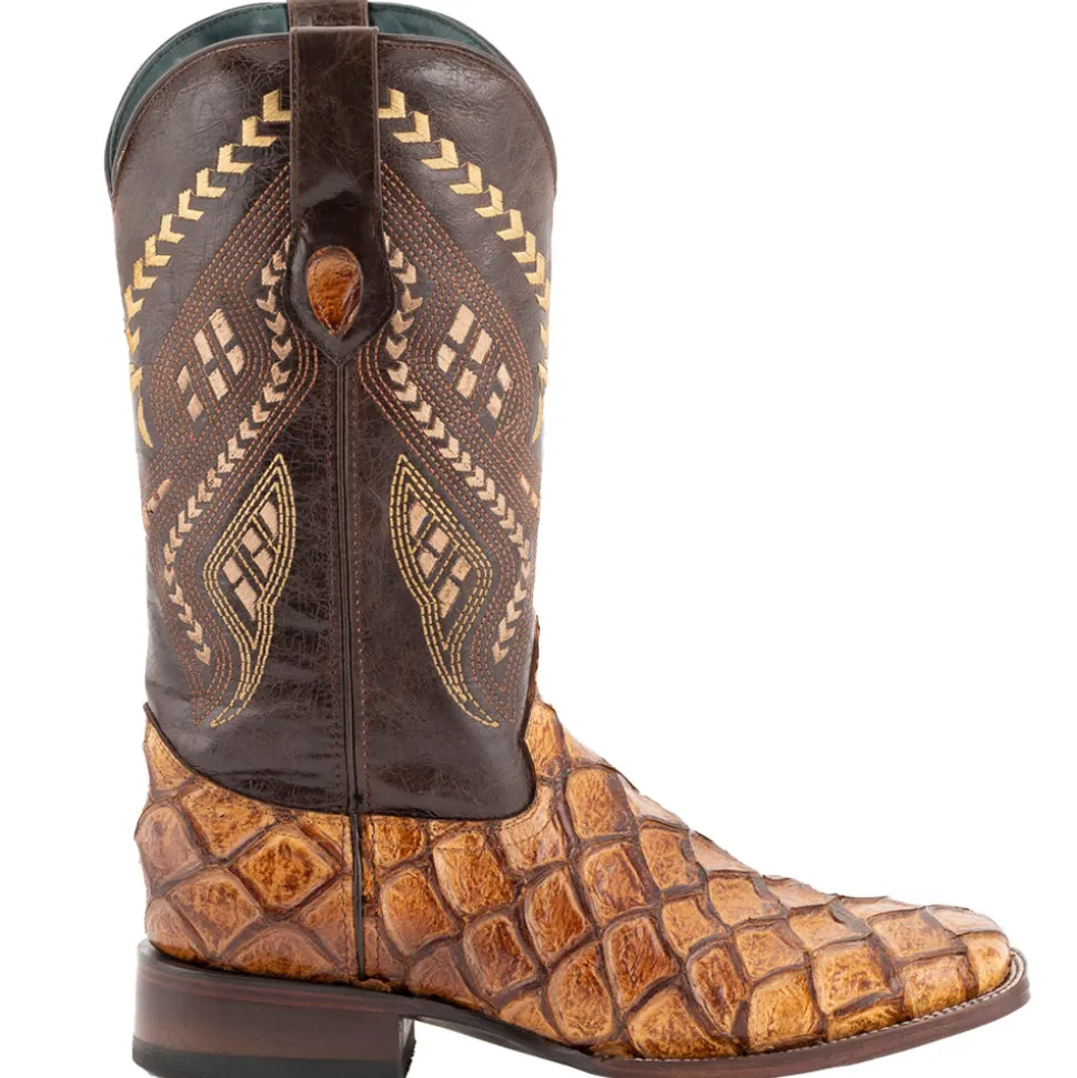 Bronco Pirarucu Print Embroidered Square Toe Cowboy Boots