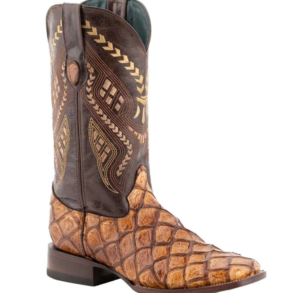 Bronco Pirarucu Print Embroidered Square Toe Cowboy Boots