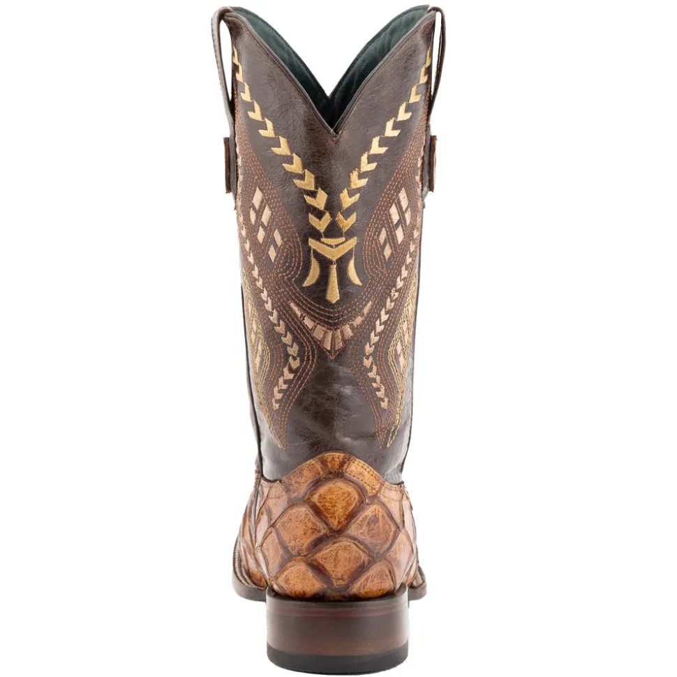 Bronco Pirarucu Print Embroidered Square Toe Cowboy Boots