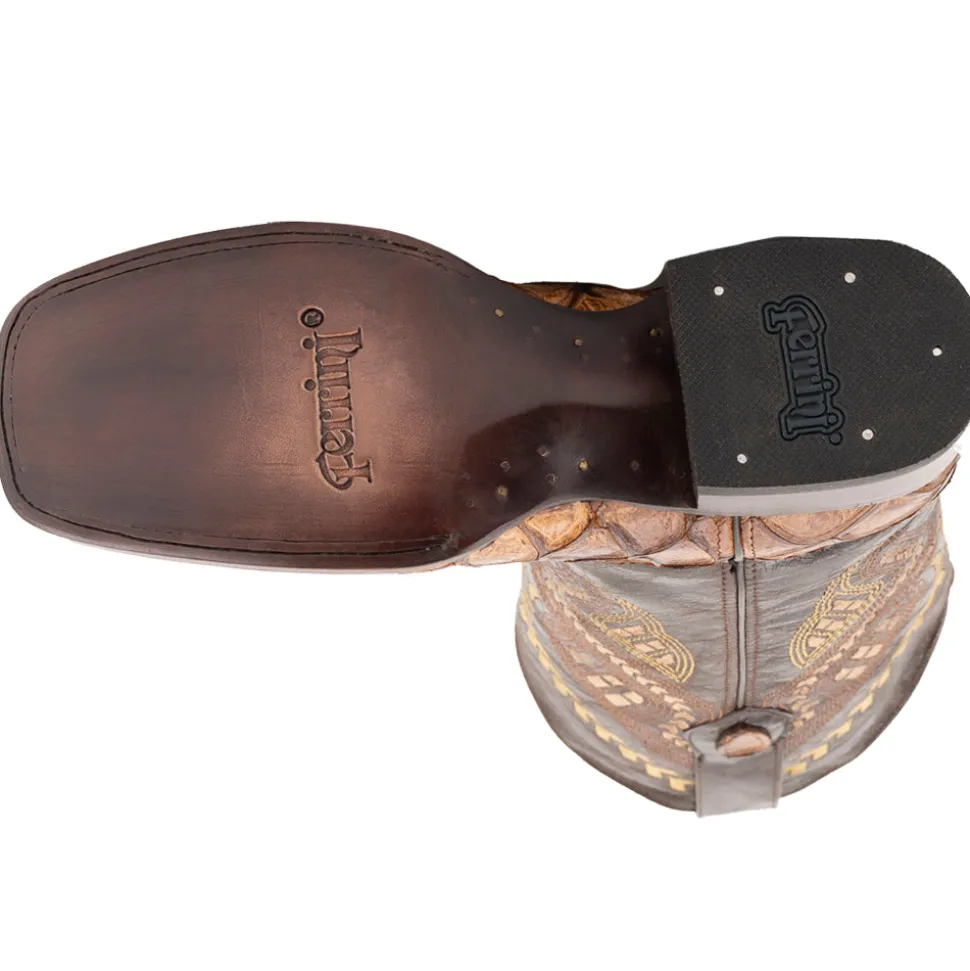 Bronco Pirarucu Print Embroidered Square Toe Cowboy Boots