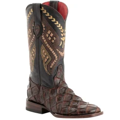 Bronco Pirarucu Print Embroidered Square Toe Cowboy Boots