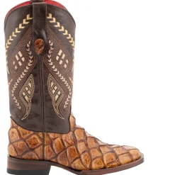 Bronco Pirarucu Print Embroidered Square Toe Cowboy Boots