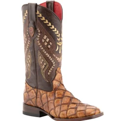 Bronco Pirarucu Print Embroidered Square Toe Cowboy Boots