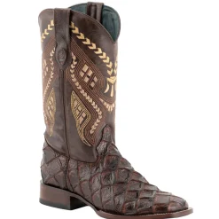 Bronco Pirarucu Print Embroidered Square Toe Cowboy Boots