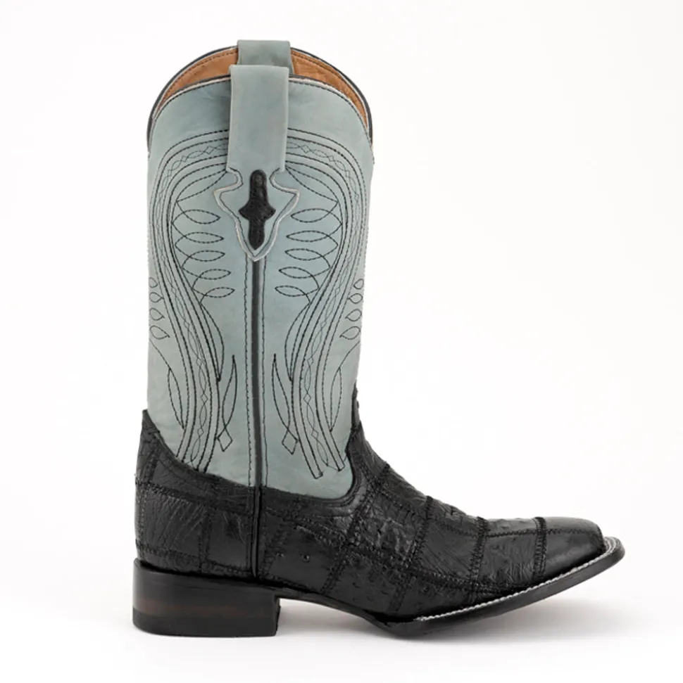 Pinto Patchwork Ostrich Square Toe Cowboy Boots