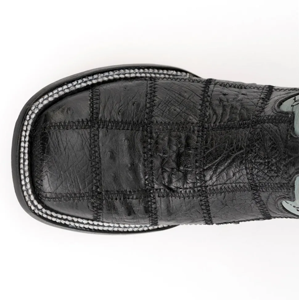 Pinto Patchwork Ostrich Square Toe Cowboy Boots