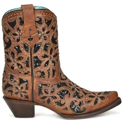 Tan Glitter Inlay Studded Snip Toe Cowboy Booties
