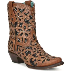 Tan Glitter Inlay Studded Snip Toe Cowboy Booties