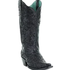 Tooled Inlay Snip Toe Pull On Cowboy Boots